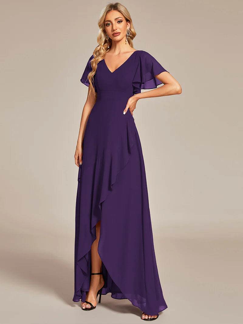 V-Neck High-Low Bridesmaid Dress – Ruffled Chiffon Gown - Biamonde